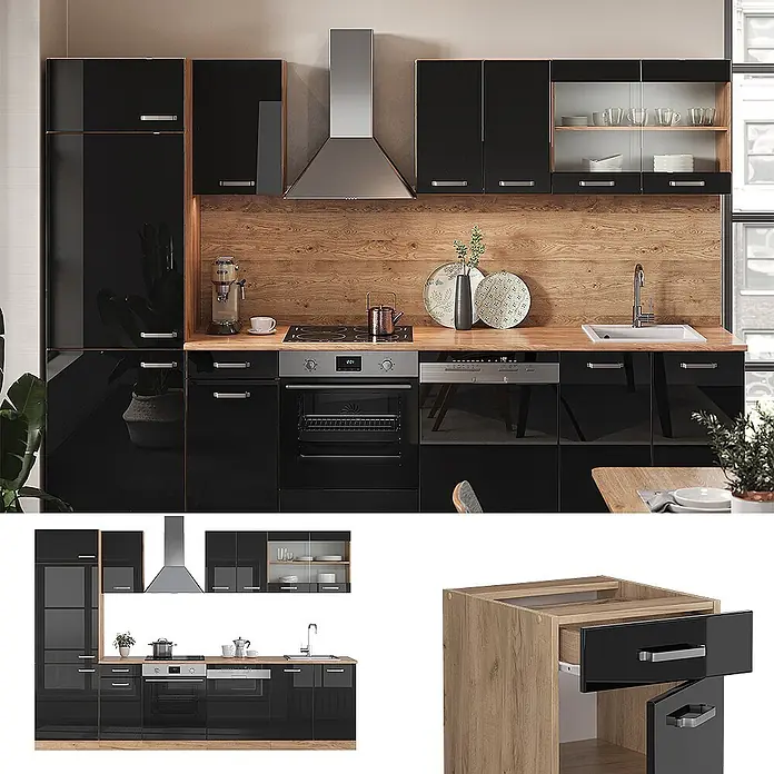 Vicco Küchenzeile R-Line Schwarz Hochglanz/Goldkraft Eiche, AP Eiche - Breite: 300 cm, Schwarz Hochglanz, Ohne Elektrogeräte - Moderne Küchenzeile in Hochglanz Schwarz mit Holz-Akzenten, inkl. Einbaugeräte. Mit Hoch-, Unter- und Oberschränken.