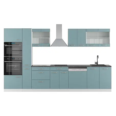 Vicco Küchenzeile R-Line, Blau-Grau/Weiß, 350 cm