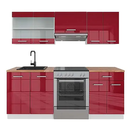 Vicco  Küchenzeile R-Line Rot Hochglanz/Weiß, AP Eiche