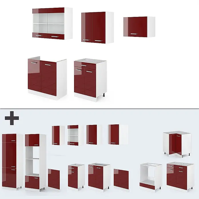 Vicco Küchenzeile R-Line Rot Hochglanz/Weiß, AP Eiche - Breite: 200 cm, Rot Hochglanz, Ohne Elektrogeräte - Modulare Küchenschränke in glänzendem Rot und Weiß, mit verschiedenen Ober- und Unterschränken, teils mit Glastüren und Schubladen.