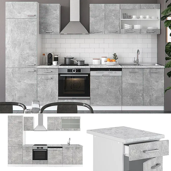 Vicco Küchenzeile R-Line Beton, AP Marmor - Breite: 300 cm, Beton, Ohne Elektrogeräte - Moderne graue Küche in Betonoptik mit integriertem Backofen, Geschirrspüler und Spüle, bestehend aus Hochschränken, Hängeschränken und Unterschränken.