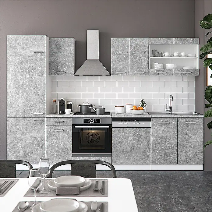 Vicco Küchenzeile R-Line Beton, AP Marmor - Breite: 300 cm, Beton, Ohne Elektrogeräte - Moderne graue Küchenschränke mit Betonoptik-Finish, integriert mit Geräten in einer kompletten Küche.
