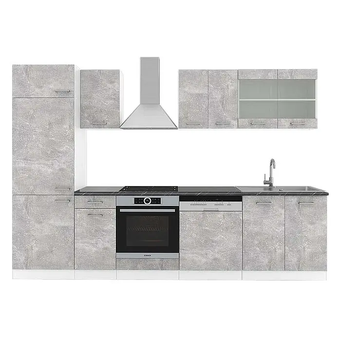 Vicco Küchenzeile R-Line Beton/Weiß, AP Anthrazit - Breite: 300 cm, Beton, Ohne Elektrogeräte - Modulare Küche in Betonoptik Grau mit Hochschränken, Oberschränken, Kochfeld, Backofen, Geschirrspüler, Spüle und Dunstabzugshaube.