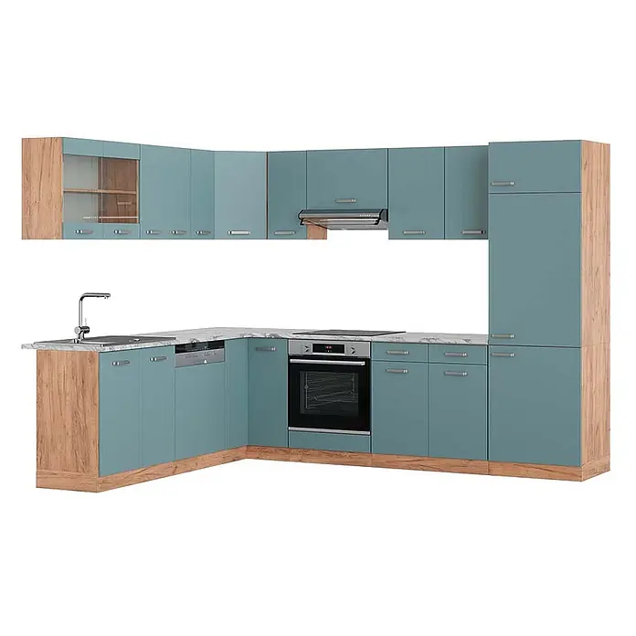 Vicco Eckküche R-Line Blau-Grau/Goldkraft Eiche, AP Marmor - B x T: 287 x 60 cm, Blau-Grau, Ohne Elektrogeräte - Eckküche in Hellblau und Holz mit Marmoroptik-Arbeitsplatte. Mit integrierter Spüle, Backofen, Kochfeld und Geschirrspüler.