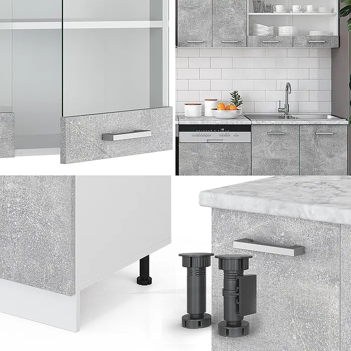 Vicco Küchenzeile R-Line Beton, AP Marmor - Breite: 300 cm, Beton, Ohne Elektrogeräte - Graue Küchenschränke in Betonoptik mit silbernen Griffen und verstellbaren Füßen, inkl. Wand- und Unterschränke.