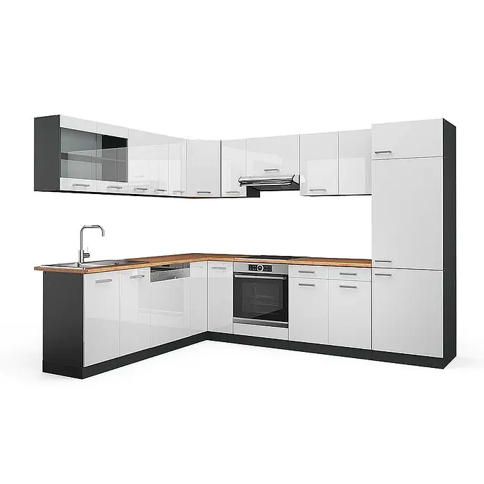 Vicco Eckküche R-Line Weiß Hochglanz/Anthrazit, AP Eiche - B x T: 287 x 60 cm, Weiß Hochglanz, Ohne Elektrogeräte - Moderne L-förmige Küchenzeile mit hochglanzweißen Fronten, dunkelgrauem Sockel und Holztheke, inklusive Spüle und Backofen.