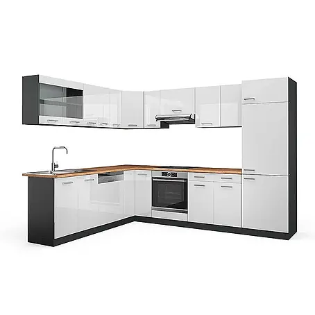 Vicco  Eckküche R-Line Weiß Hochglanz/Anthrazit, AP Eiche