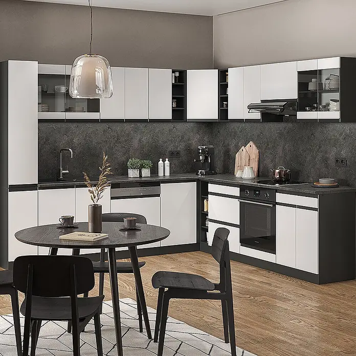 Vicco Eckküche R-Line Weiß J-Shape, ohne Arbeitsplatte - B x T: 277 x 46 cm, Weiß, Ohne Elektrogeräte - Moderne L-förmige Küche mit weißen/dunkelgrauen Schränken, dunklen Arbeitsplatten und integrierten Geräten. Inklusive Essbereich.