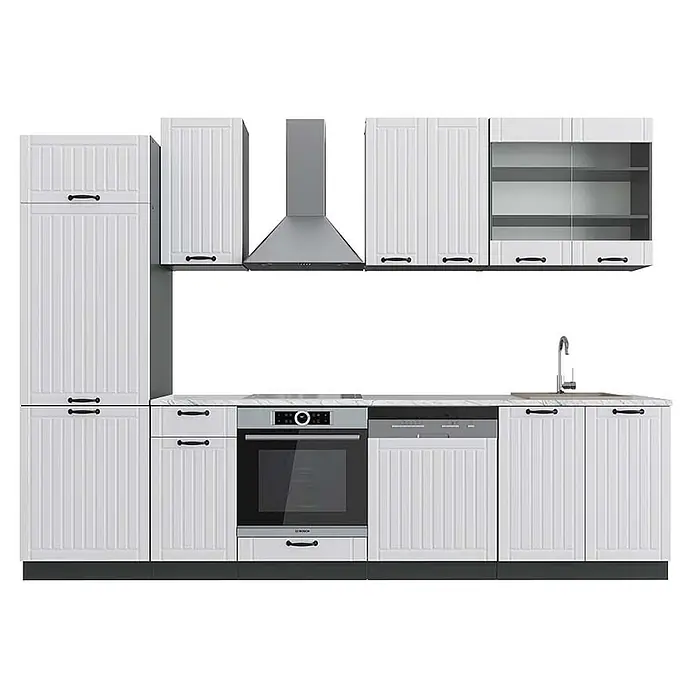 Vicco Küchenzeile Fame-Line Weiß Landhaus/Anthrazit, AP Marmor - Breite: 300 cm, Weiß Landhaus, Ohne Elektrogeräte - Weiße Landhausküche mit geriffelten Schranktüren, schwarzen Griffen, integriertem Backofen, Geschirrspüler, Spüle und Dunstabzugshaube.