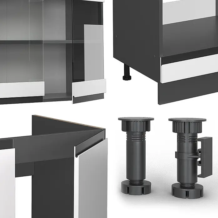 Vicco Eckküche R-Line Weiß J-Shape, ohne Arbeitsplatte - B x T: 277 x 46 cm, Weiß, Ohne Elektrogeräte - Anthrazitfarbene modulare Schrankteile mit weißen Akzenten, Glastüren und verstellbaren Kunststofffüßen.