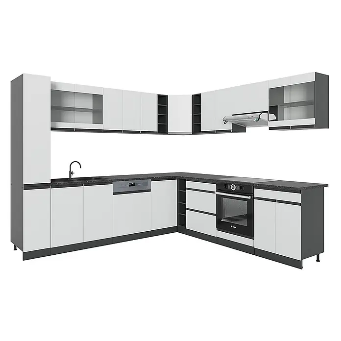 Vicco Eckküche R-Line Weiß J-Shape, ohne Arbeitsplatte - B x T: 277 x 46 cm, Weiß, Ohne Elektrogeräte - Moderne L-förmige Küche mit weißen Schränken, dunkelgrauen Arbeitsplatten, integrierter Spüle, Geschirrspüler, Backofen, Kochfeld und Dunstabzugshaube.