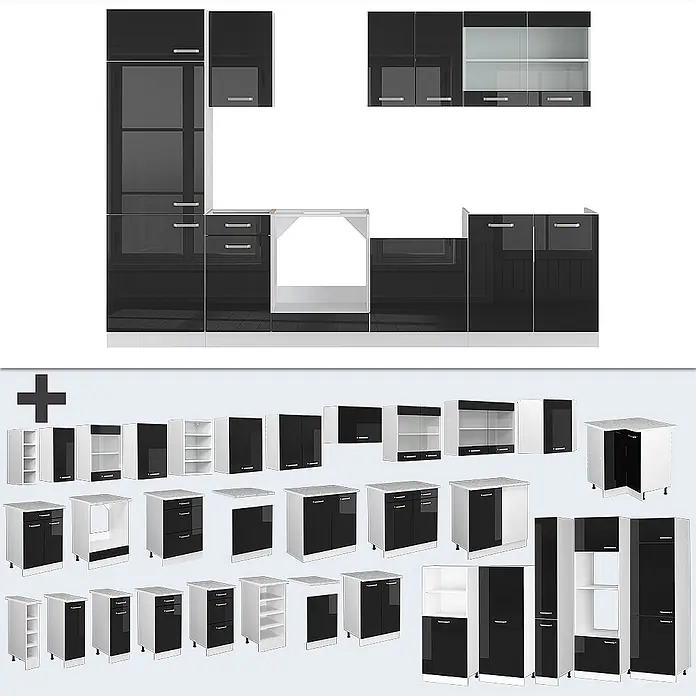 Vicco Küchenzeile R-Line Schwarz Hochglanz/Weiß, AP Eiche - Breite: 300 cm, Schwarz Hochglanz, Ohne Elektrogeräte - Modulare Küchenschränke in glänzendem Schwarz-Weiß, mit verschiedenen Stau- und Geräteelementen.