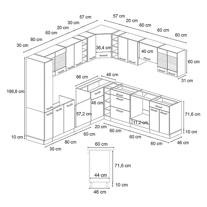 Vicco Eckküche R-Line Rot/Anthrazit J-Shape, AP Eiche - B x T: 277 x 60 cm, Rot, Ohne Elektrogeräte - Detaillierte technische Zeichnung einer U-förmigen Küchenzeile mit Unter- und Oberschränken, inklusive Maßen für die Planung.