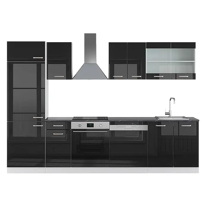 Vicco Küchenzeile R-Line Schwarz Hochglanz/Weiß, AP Anthrazit - Schwarz Hochglanz, Ohne Elektrogeräte - Schwarze Hochglanz-Modulküche mit Edelstahlgeräten: Backofen, Kochfeld, Dunstabzugshaube, Spüle und Geschirrspüler.