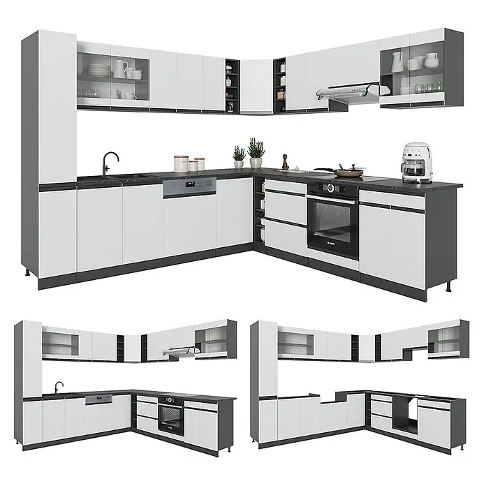 Vicco Eckküche R-Line Weiß J-Shape, ohne Arbeitsplatte - B x T: 277 x 46 cm, Weiß, Ohne Elektrogeräte - Moderne L-förmige Küche in Weiß und Dunkelgrau mit integrierten Geräten, Spüle und dunkler Arbeitsplatte.
