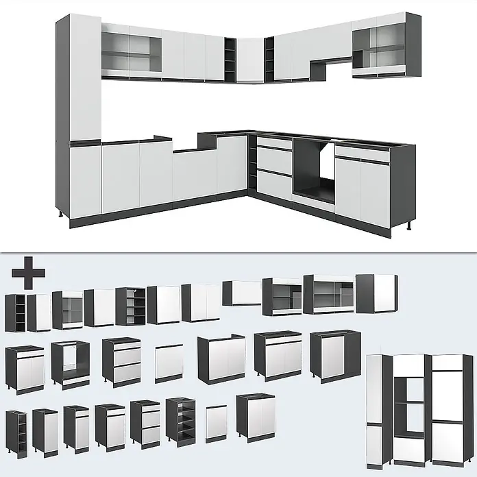 Vicco Eckküche R-Line Weiß J-Shape, ohne Arbeitsplatte - B x T: 277 x 46 cm, Weiß, Ohne Elektrogeräte - Modulares Küchenschranksystem mit dunkelgrauen Rahmen und weißen Türen, montiert und als Einzelteile dargestellt.