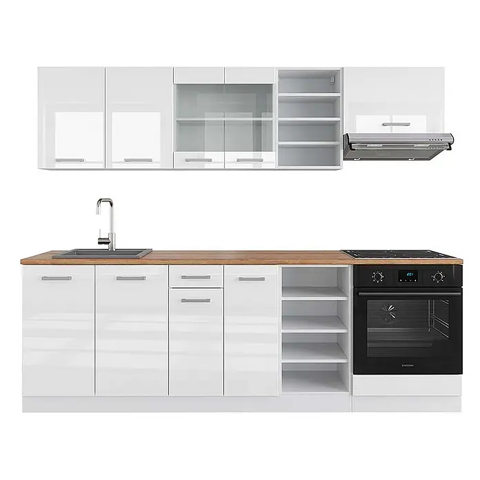Vicco Küchenzeile R-Line Weiß Hochglanz/Weiß, AP Eiche - Breite: 240 cm, Weiß Hochglanz, Ohne Elektrogeräte - Moderne modulare Küchenzeile mit weißen Hochglanzschränken, Arbeitsplatte in Holzoptik, dunkelgrauer Spüle und schwarzem Ofen/Kochfeld.