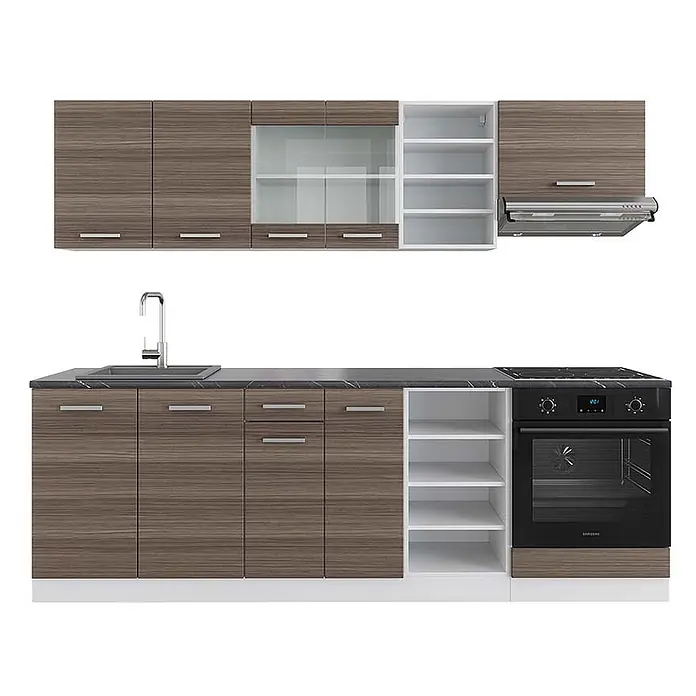 Vicco Küchenzeile R-Line Edelgrau/Weiß, AP Anthrazit - Breite: 240 cm, Edelgrau, Ohne Elektrogeräte - Komplette Küchenzeile mit braunen Holzschränken, dunkler Arbeitsplatte, Spüle, Herd und Backofen. Mit Glasfronten und offenen Regalen.
