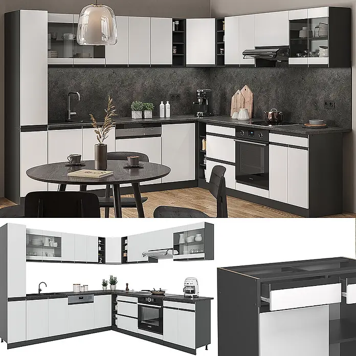 Vicco Eckküche R-Line Weiß J-Shape, ohne Arbeitsplatte - B x T: 277 x 46 cm, Weiß, Ohne Elektrogeräte - Moderne L-förmige Küche mit weiß-dunkelgrauen Schränken, dunklen Arbeitsplatten und integrierten Geräten, in einem Essbereich.