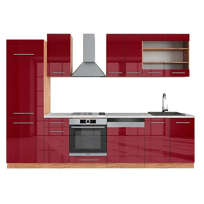 Vicco Küchenzeile Fame-Line Bordeaux Hochglanz/Goldkraft Eiche, AP Marmor - Breite: 300 cm, Bordeaux Hochglanz, Ohne Elektrogeräte - Moderne Küchenzeile mit glänzenden roten Schränken, hellen Holzakzenten, weißer Arbeitsplatte und Edelstahlelementen: Backofen, Kochfeld und Spüle.