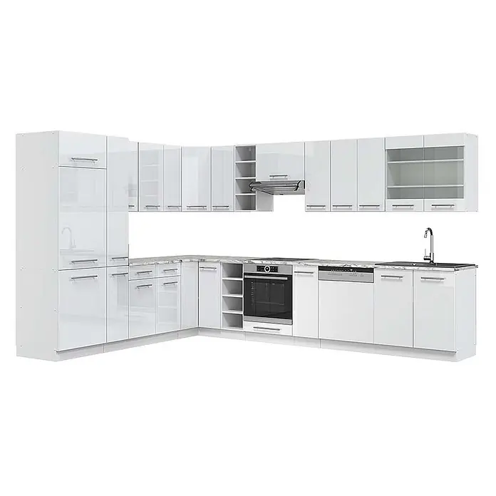 Vicco Eckküche Fame-Line Weiß Hochglanz/Weiß, AP Marmor - B x T: 347 x 60 cm, Weiß Hochglanz, Ohne Elektrogeräte - L-förmige weiße Hochglanz-Küchenzeile mit Ober- und Unterschränken, Spüle, Backofen und Geschirrspüler.
