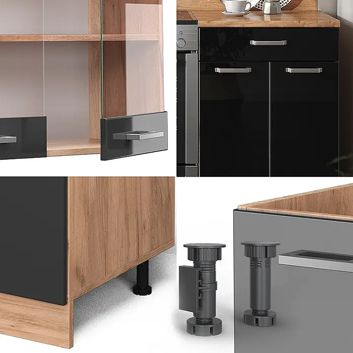 Vicco Küchenzeile R-Line Schwarz Hochglanz/Goldkraft Eiche, AP Anthrazit - Breite: 200 cm, Schwarz Hochglanz, Ohne Elektrogeräte - Küchenschränke in Holz- und Schwarzglanzoptik, mit Glastüren, silbernen Griffen und verstellbaren schwarzen Füßen.