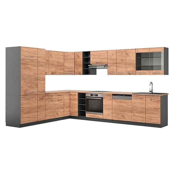 Vicco Eckküche Fame-Line Goldkraft Eiche/Anthrazit, AP Eiche - B x T: 347 x 60 cm, Goldkraft Eiche, Ohne Elektrogeräte - L-förmige Küche mit Holzoptikfronten und dunkelgrauen Rahmen, inklusive Backofen, Kochfeld, Spüle und Geschirrspüler.