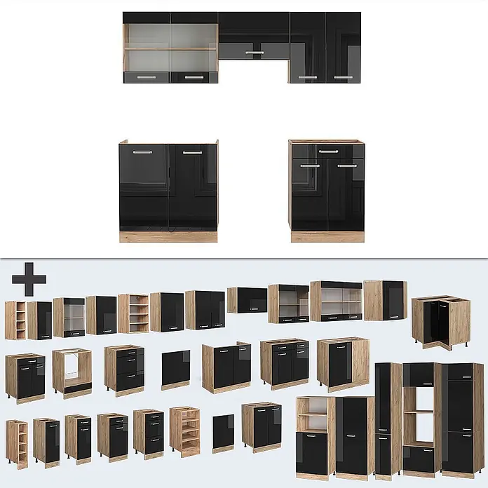 Vicco Küchenzeile R-Line Schwarz Hochglanz/Goldkraft Eiche, AP Anthrazit - Breite: 200 cm, Schwarz Hochglanz, Ohne Elektrogeräte - Modulare Küchenschränke mit hochglanzschwarzen Türen und hellen Holzrahmen, in verschiedenen Konfigurationen dargestellt.