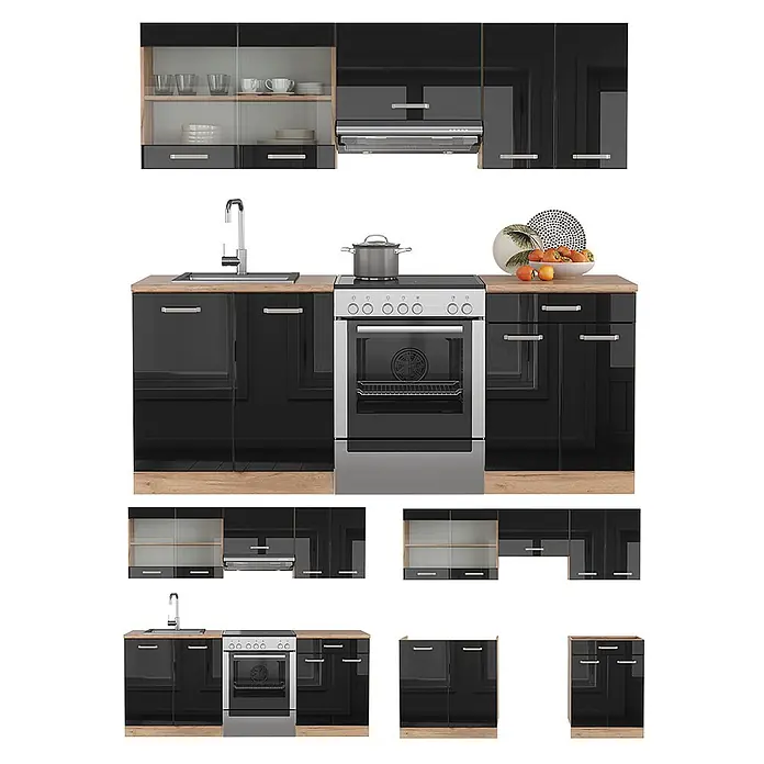 Vicco Küchenzeile R-Line Schwarz Hochglanz/Goldkraft Eiche, AP Anthrazit - Breite: 200 cm, Schwarz Hochglanz, Ohne Elektrogeräte - Moderne schwarze Hochglanzküche mit Holzarbeitsplatte, integrierter Spüle, Backofen und verschiedenen Ober- und Unterschränken.