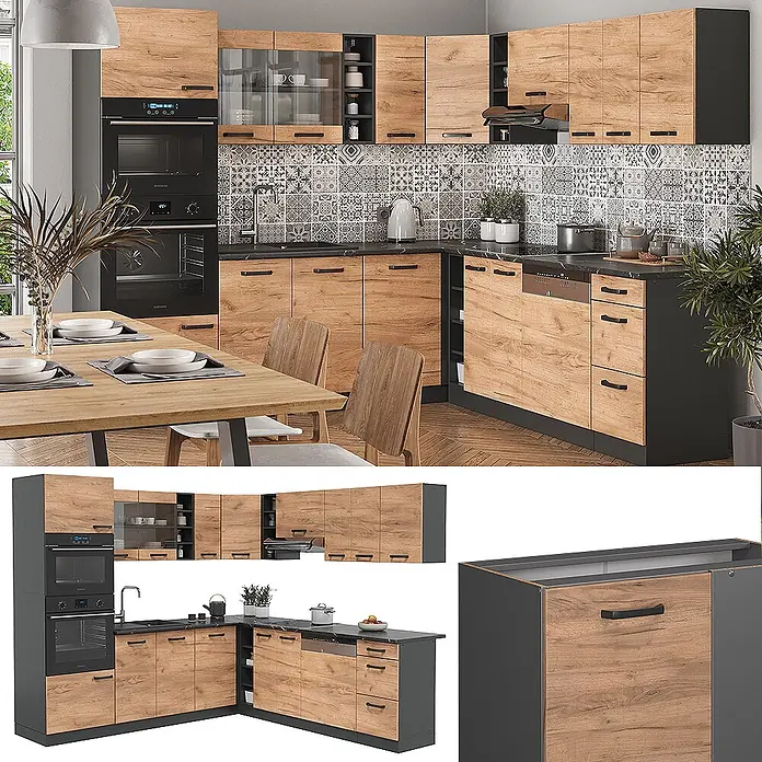 Vicco Eckküche R-Line Goldkraft Eiche/Anthrazit ohne Arbeitsplatte - Goldkraft Eiche, Ohne Elektrogeräte - Moderne L-förmige Küche mit hellen Holzfronten und dunkelgrauen Schränken, Arbeitsplatten und Geräten, inklusive Backöfen und Geschirrspüler.