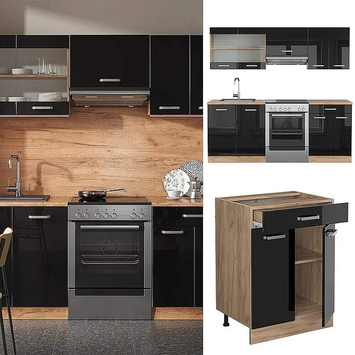 Vicco Küchenzeile R-Line Schwarz Hochglanz/Goldkraft Eiche, AP Anthrazit - Breite: 200 cm, Schwarz Hochglanz, Ohne Elektrogeräte - Modulare Küche mit schwarzen Hochglanzfronten und Holzdekor-Elementen in einer modernen Küche.