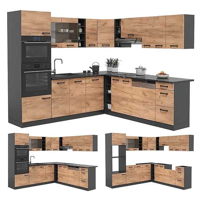 Vicco Eckküche R-Line Goldkraft Eiche/Anthrazit ohne Arbeitsplatte - Goldkraft Eiche, Ohne Elektrogeräte - Moderne L-förmige Küche mit Holzdekorfronten, dunkelgrauen Rahmen, Arbeitsplatten und integrierten Geräten.