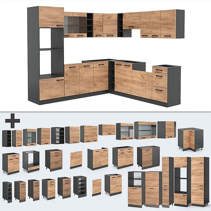 Vicco Eckküche R-Line Goldkraft Eiche/Anthrazit ohne Arbeitsplatte - Goldkraft Eiche, Ohne Elektrogeräte - Modulares Küchenmöbelset mit dunkelgrauen Rahmen und Holzdekorfronten, inklusive verschiedener Unter- und Oberschränke.