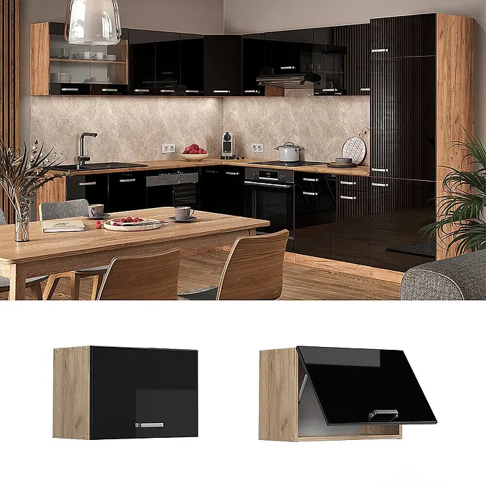 Vicco Schrankküche R-Line Schwarz Hochglanz Flach - Schwarz Hochglanz, Hängeschrank 60 cm (flach) - Küchenhängeschrank mit schwarzer Hochglanztür und hellem Holzdekorrahmen.