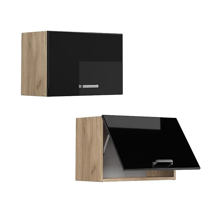 Vicco Schrankküche R-Line Schwarz Hochglanz Flach - Schwarz Hochglanz, Hängeschrank 60 cm (flach) - Paar Hängeschränke mit heller Holzoptik und glänzenden schwarzen Türen, einer geschlossen, einer offen.