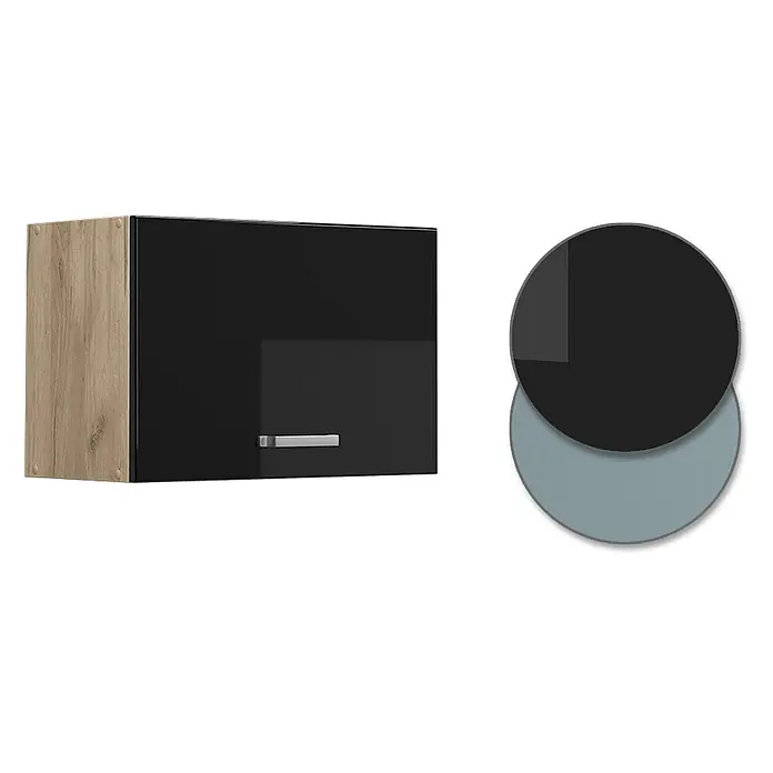 Vicco Schrankküche R-Line Schwarz Hochglanz Flach - Schwarz Hochglanz, Hängeschrank 60 cm (flach) - Wandschrank mit heller Eichenoptik-Seite und glänzender schwarzer Front mit silbernem Griff.