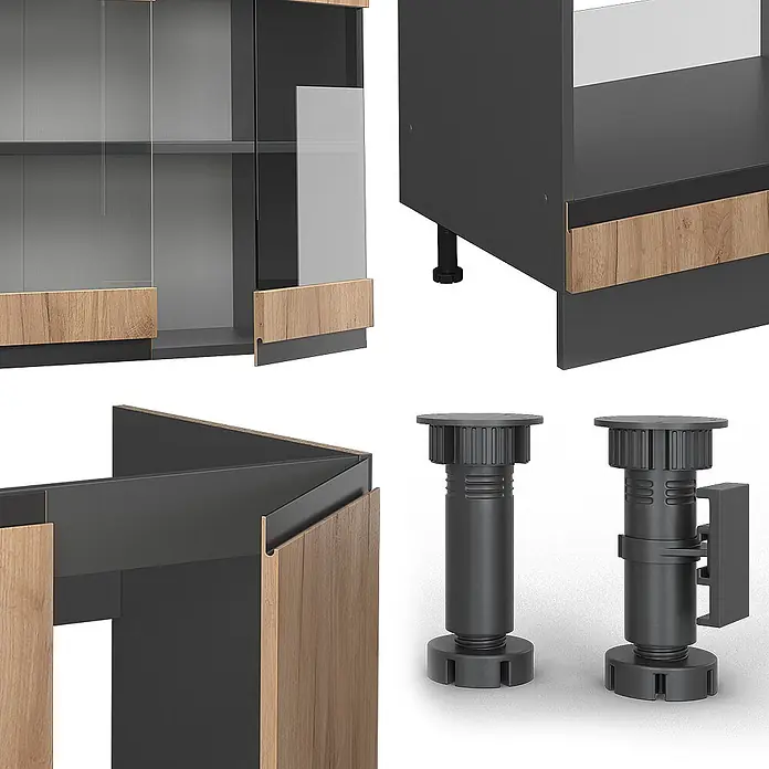 Vicco Eckküche R-Line Goldkraft Eiche J-Shape, ohne Arbeitsplatte - Goldkraft Eiche, Ohne Elektrogeräte - Modulmöbelkomponenten in Dunkelgrau und hellem Holz, mit Glastüren und höhenverstellbaren Füßen.