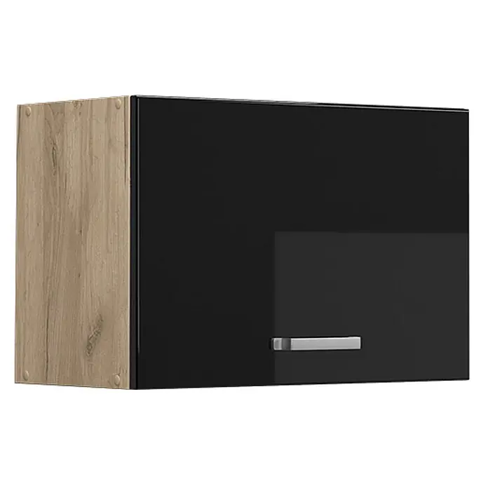 Vicco Schrankküche R-Line Schwarz Hochglanz Flach - Schwarz Hochglanz, Hängeschrank 60 cm (flach) - Wandhängender Küchenschrank mit heller Holzoptik-Seite und schwarzer Hochglanztür, mit silbernem Griff.