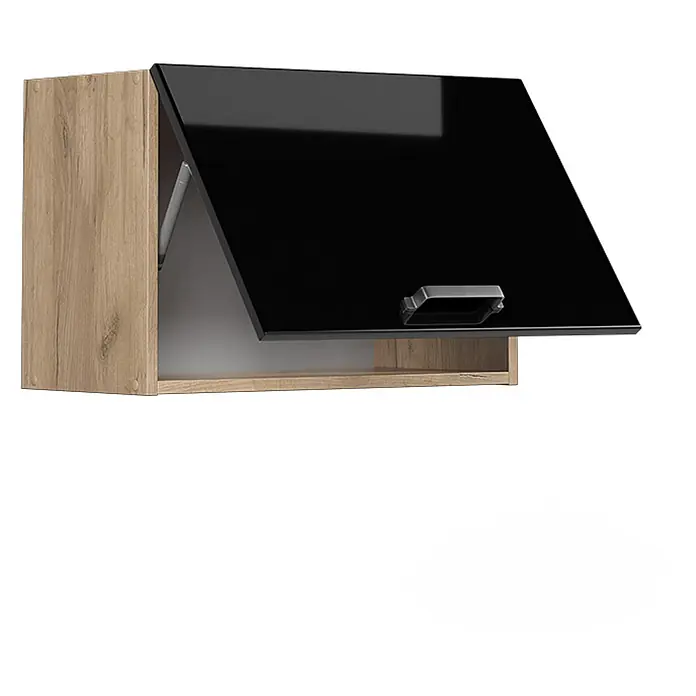 Vicco Schrankküche R-Line Schwarz Hochglanz Flach - Schwarz Hochglanz, Hängeschrank 60 cm (flach) - Hölzerner Oberschrank mit schwarzer, glänzender, nach oben öffnender Tür und Griff.