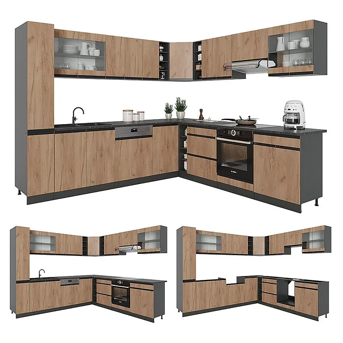 Vicco Eckküche R-Line Goldkraft Eiche/Anthrazit J-Shape, AP Anthrazit - B x T: 277 x 60 cm, Goldkraft Eiche, Ohne Elektrogeräte - L-förmige Modulküche mit Holzoptik-Fronten und dunkelgrauen Elementen, inklusive integrierter Geräte.