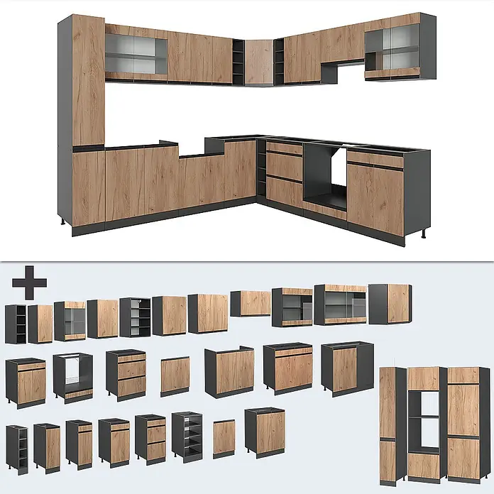 Vicco Eckküche R-Line Goldkraft Eiche J-Shape, ohne Arbeitsplatte - Goldkraft Eiche, Ohne Elektrogeräte - Modulares Küchenschranksystem mit Holzoptikfronten und dunkelgrauen Korpen, das verschiedene Einheiten zeigt.