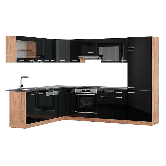 Vicco Eckküche R-Line Schwarz Hochglanz/Goldkraft Eiche, AP Anthrazit - B x T: 287 x 60 cm, Schwarz Hochglanz, Ohne Elektrogeräte - Moderne L-Küche mit schwarzen Hochglanzfronten und hellen Holzdekorelementen, ausgestattet mit Spüle, Backofen, Kochfeld und Dunstabzug.