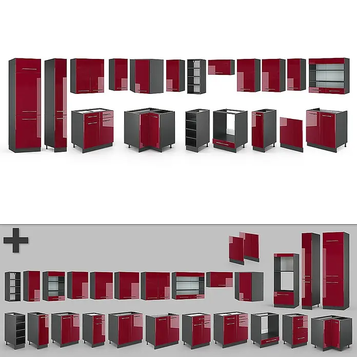 Vicco Eckküche Fame-Line Bordeaux Hochglanz/Anthrazit mit Arbeitsplatte - B x T: 347 x 60 cm, Bordeaux Hochglanz, Ohne Elektrogeräte - Set modularer Küchenschränke mit glänzenden roten Fronten und dunkelgrauen Korpi, inklusive Unter-, Ober-, Hoch- und Eckschränken.