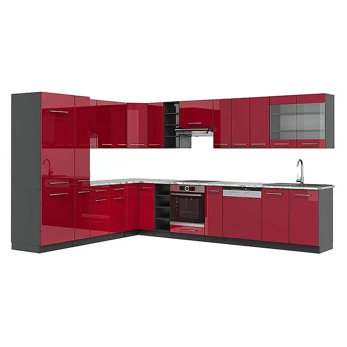Vicco Eckküche Fame-Line Bordeaux Hochglanz/Anthrazit mit Arbeitsplatte - B x T: 347 x 60 cm, Bordeaux Hochglanz, Ohne Elektrogeräte - Hochglanzrote L-förmige Küche mit integriertem Backofen, Spüle und Geschirrspüler. Umfasst ausreichend Stauraum in Ober- und Unterschränken.