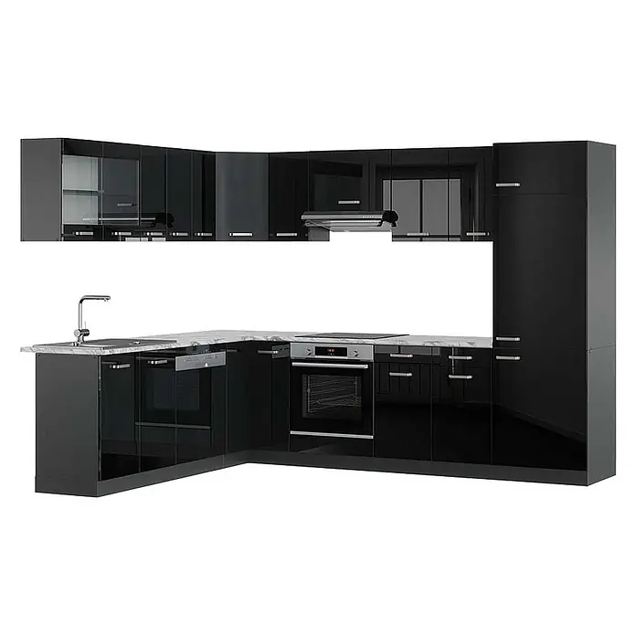 Vicco Eckküche R-Line Schwarz Hochglanz/Anthrazit, AP Marmor - Schwarz Hochglanz, Ohne Elektrogeräte - Moderne L-förmige Hochglanz-Schwarz-Küche mit weißer Marmor-Arbeitsplatte, integriertem Backofen, Kochfeld und Spüle.