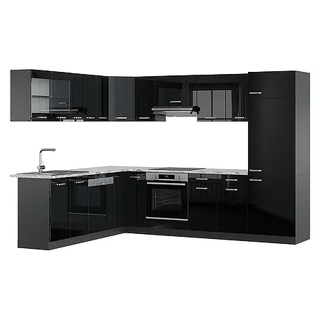 Vicco  Eckküche R-Line Schwarz Hochglanz/Anthrazit, AP Marmor