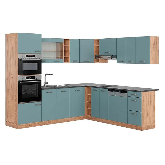 Vicco Eckküche R-Line Blau-Grau/Goldkraft Eiche, AP Anthrazit - B x T: 247 x 60 cm, Blau-Grau, Ohne Elektrogeräte - L-förmige Küche mit blaugrünen Schränken, Holzmaserungsakzenten, dunkler Arbeitsplatte und integrierten Geräten.
