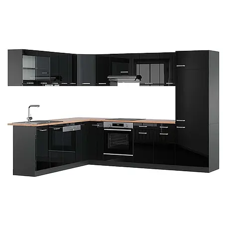 Vicco  Eckküche R-Line Schwarz Hochglanz/Anthrazit, AP Eiche