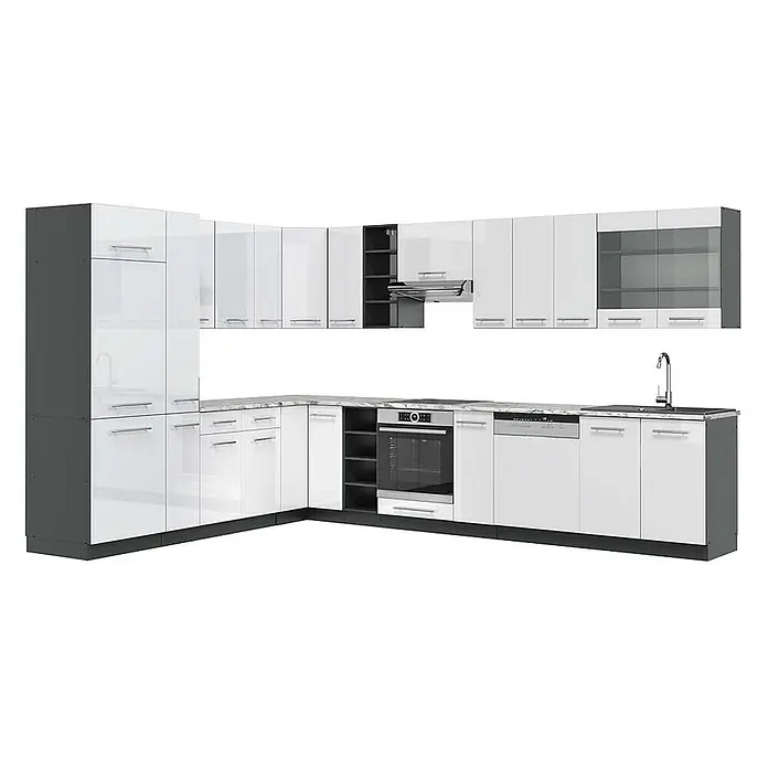 Vicco Eckküche Fame-Line Weiß Hochglanz/Anthrazit, AP Marmor - B x T: 347 x 60 cm, Weiß Hochglanz, Ohne Elektrogeräte - Moderne L-förmige Küchenzeile mit weißen Hochglanzfronten, dunkelgrauen Korpen und heller Arbeitsplatte, inklusive Einbaugeräten.