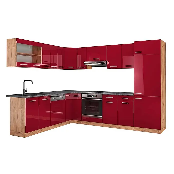 Vicco Eckküche R-Line Rot Hochglanz/Goldkraft Eiche, AP Anthrazit - B x T: 287 x 60 cm, Rot Hochglanz, Ohne Elektrogeräte - Rote Hochglanz L-Küche mit Holzoptik-Akzenten, integriertem Backofen, Spüle und dunkler Arbeitsplatte.